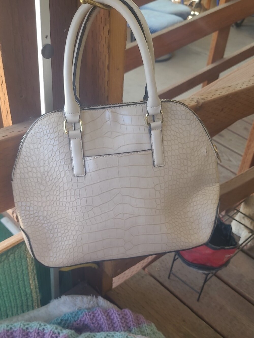 London Fog Cream Croc-Embossed Satchel with Gold Hardware - Picture 3 of 11
